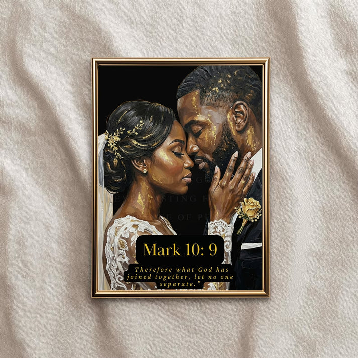 Framed_artwork_of_a_bride_and_groom_with_a_biblical_quote_on_a_textured_fabric_background.