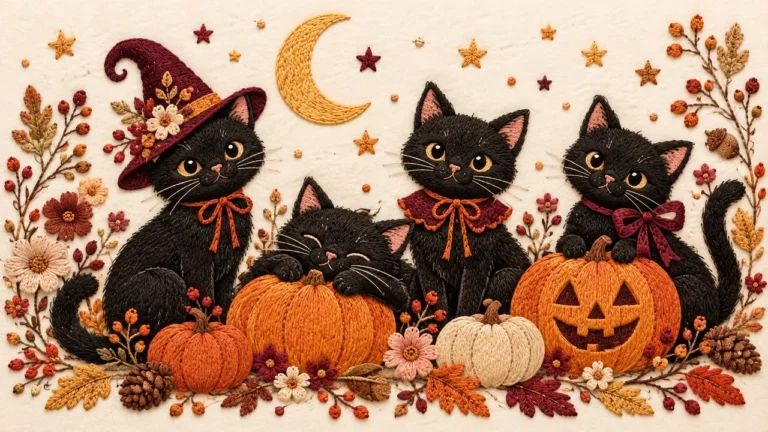 Embroidered-style cat Halloween clip art with black cats, pumpkins and crescent moons