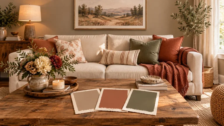 Cozy living room paint colors in warm taupe, terracotta and muted olive