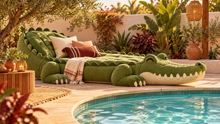 Crocodile sunlounger concept illustration beside a garden pool