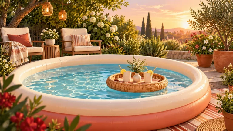 Inflatable bar pools buying-guide illustration with a garden pool and floating drinks tray