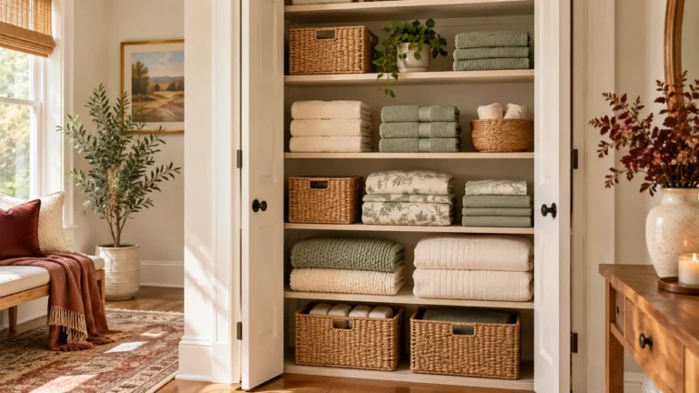Linen closet organization ideas with folded towels, labelled baskets and tidy shelves