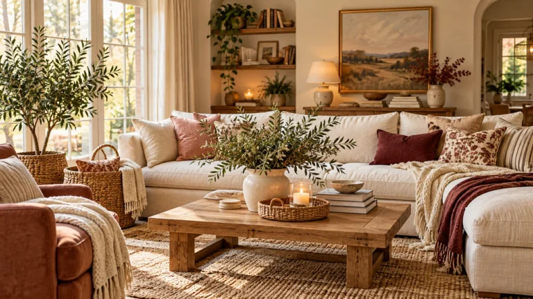 Neutral living room decor ideas with an ivory sofa, oak coffee table, linen curtains and woven accents