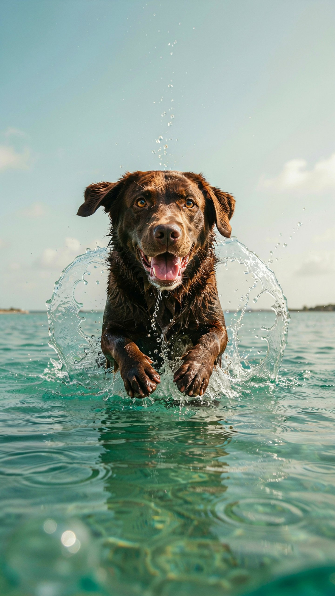Brown Labrador aesthetic wallpaper splashing through bright blue water for iPhone