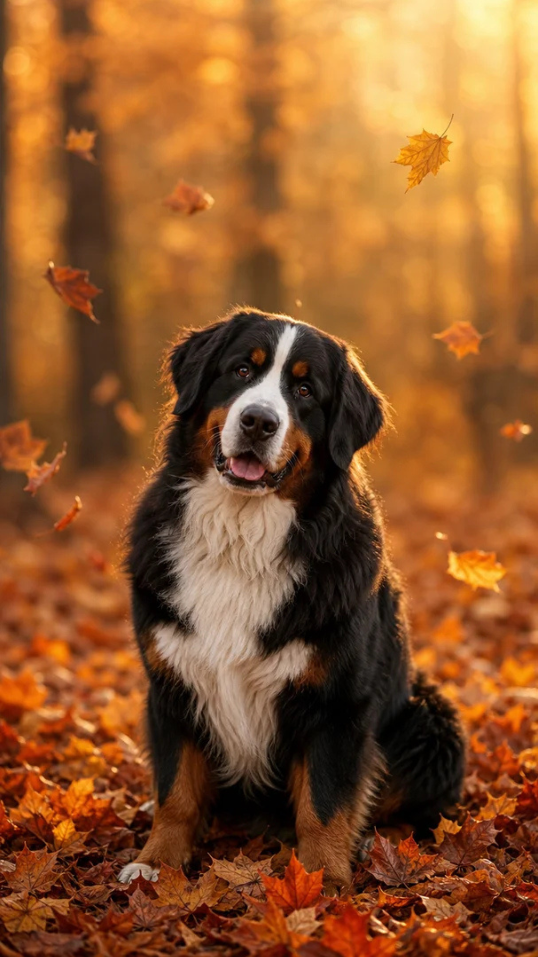 Bernese Mountain Dog fall wallpaper surrounded by warm autumn leaves