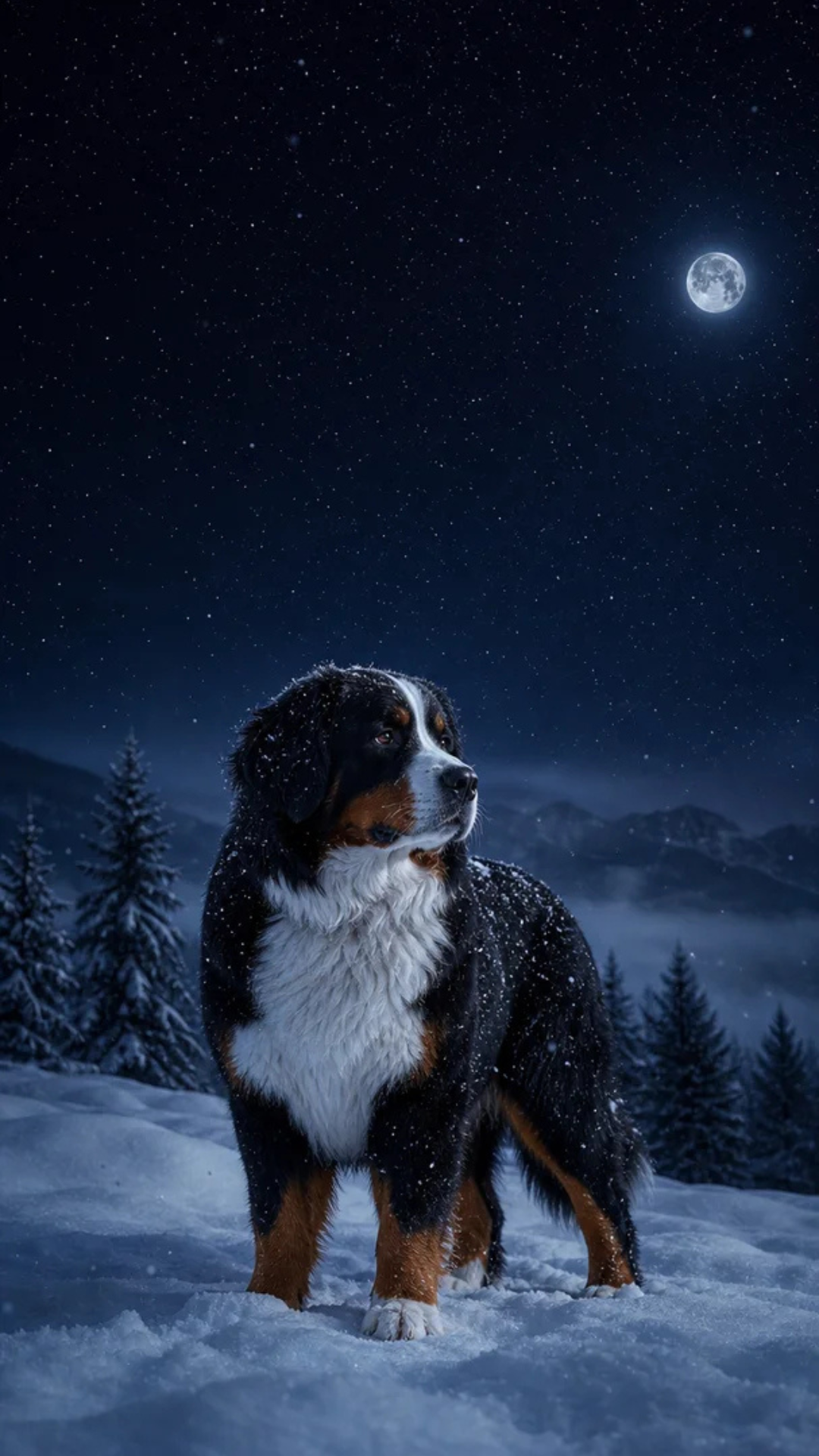 Bernese Mountain Dog aesthetic wallpaper standing in snow beneath a night sky