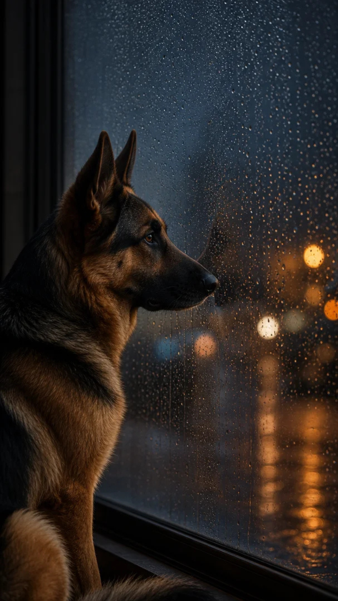 Moody German Shepherd wallpaper looking through a rain covered window
