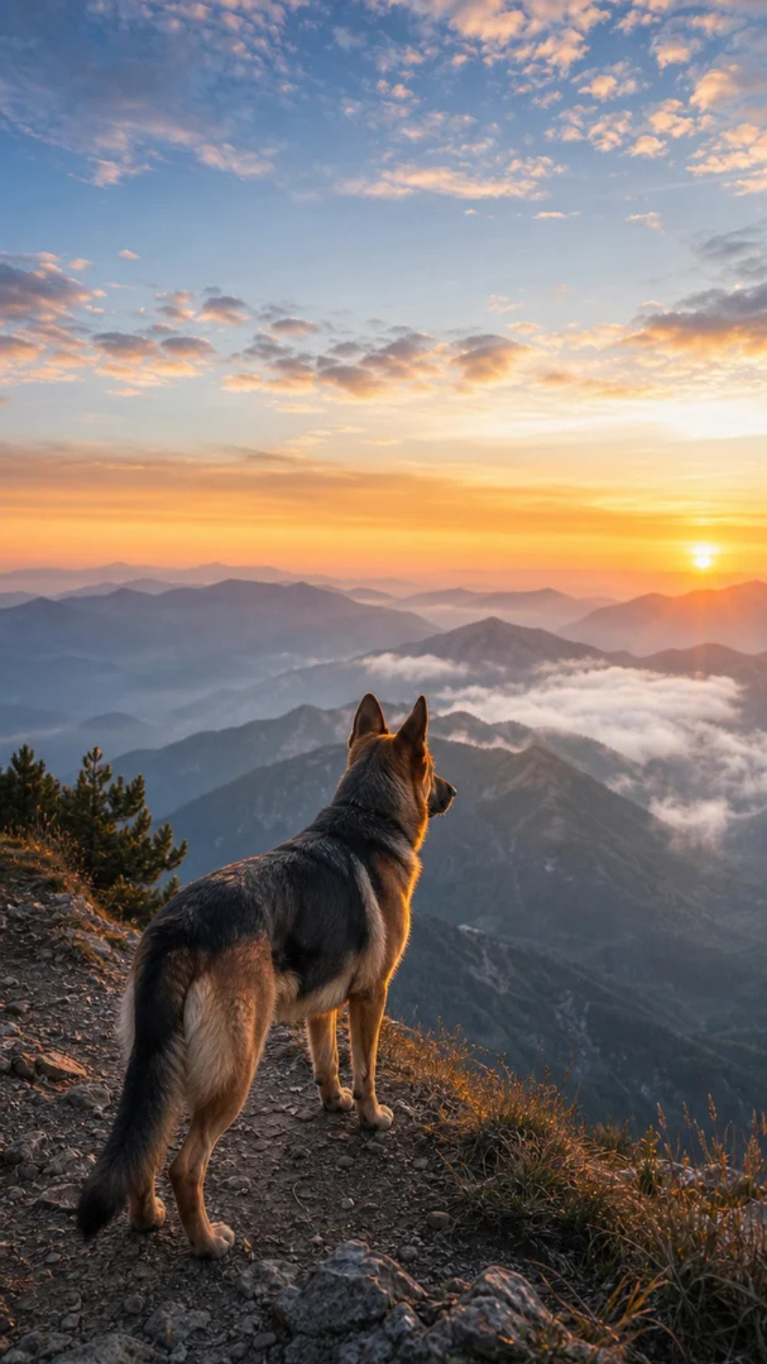 German Shepherd iPhone wallpaper overlooking mountains at sunrise