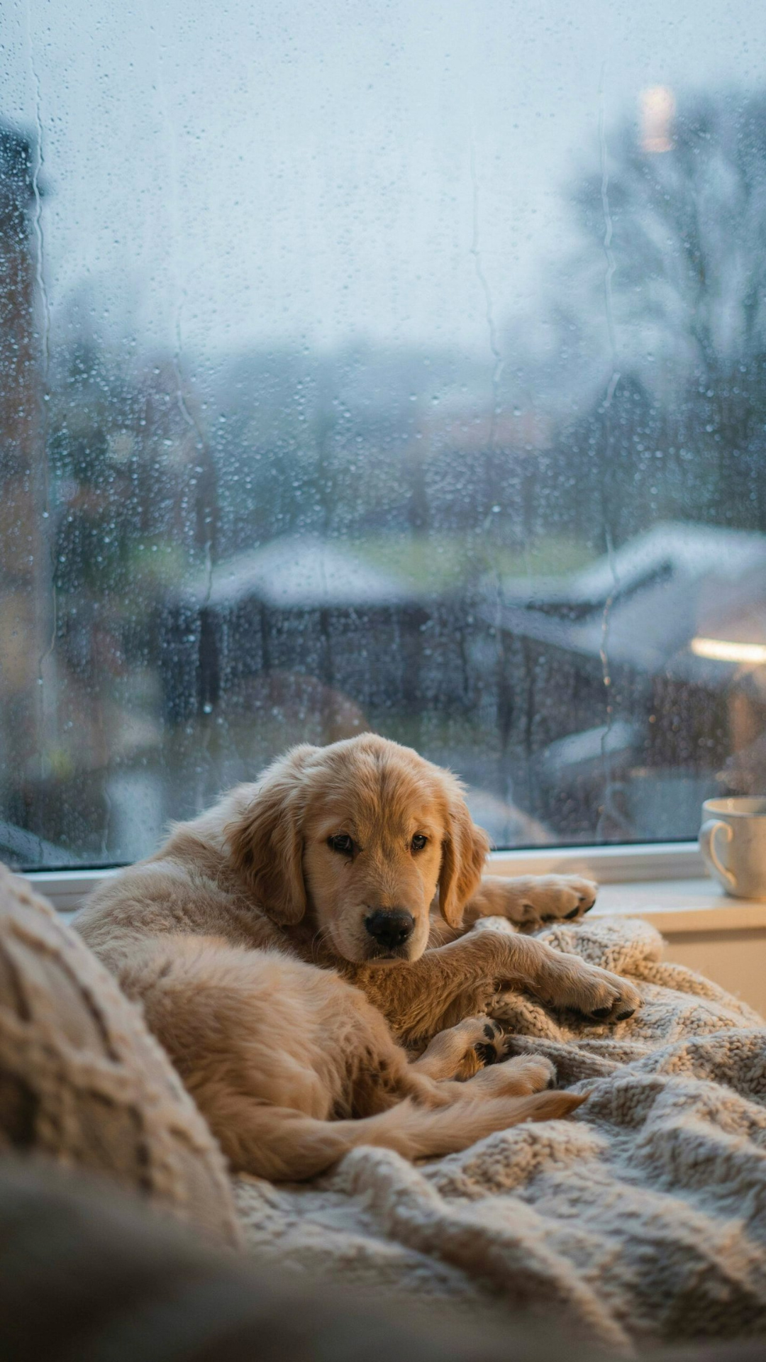 Cozy Golden Retriever wallpaper beside a rainy window for iPhone