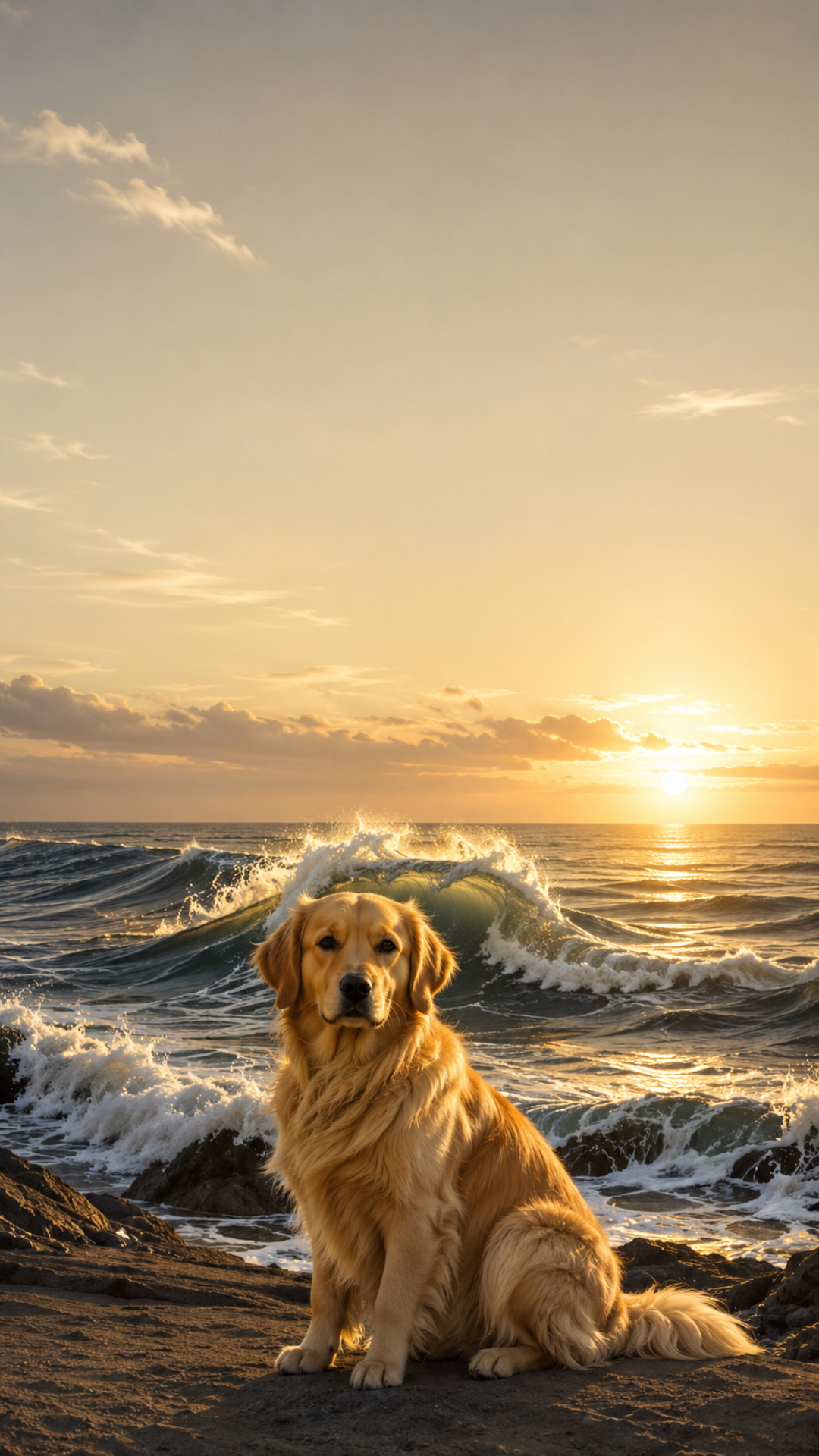 Golden Retriever aesthetic wallpaper with Japanese inspired ocean artwork
