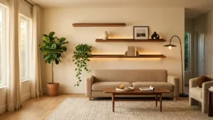 Modern LED Feature Wall With Floating Shelves Ideas on a Budget