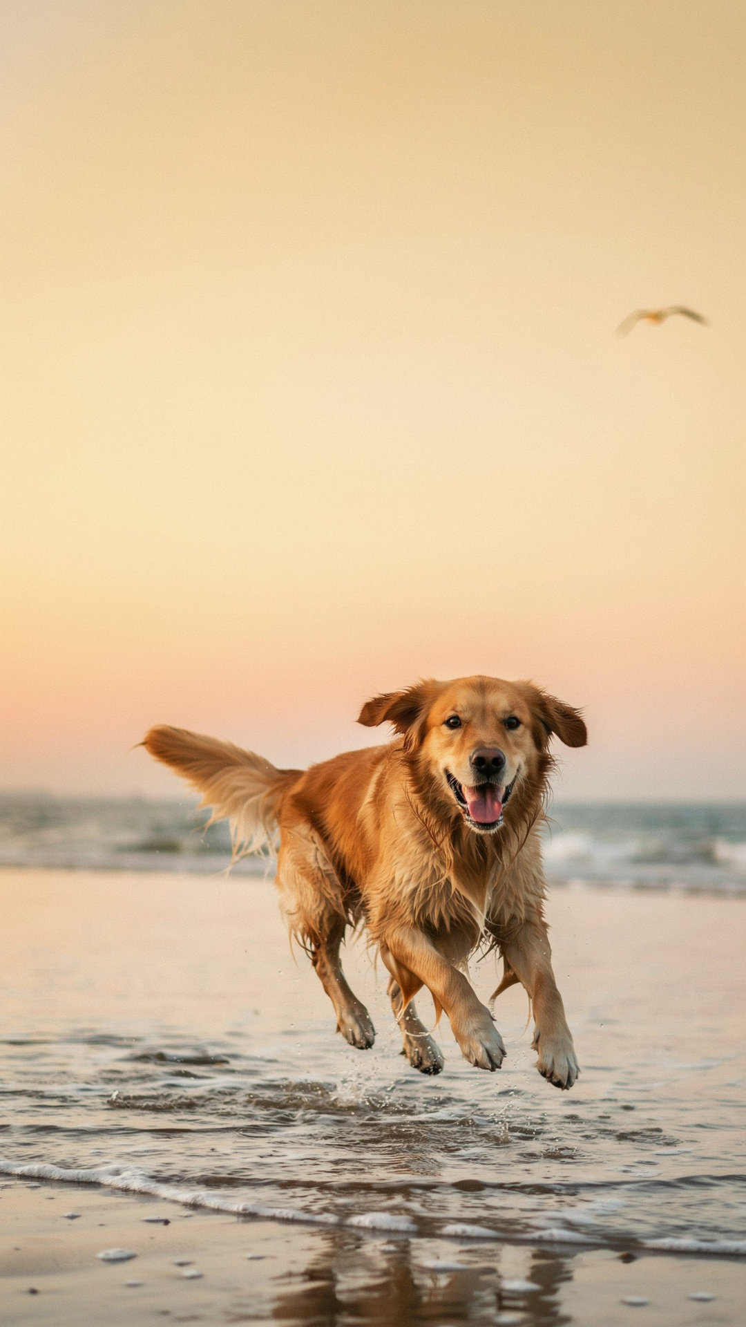 Golden Retriever iPhone wallpaper running through ocean water at sunset