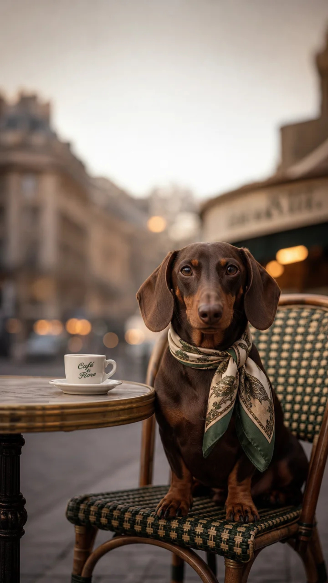 Funny Dachshund aesthetic wallpaper sitting at a tiny café table