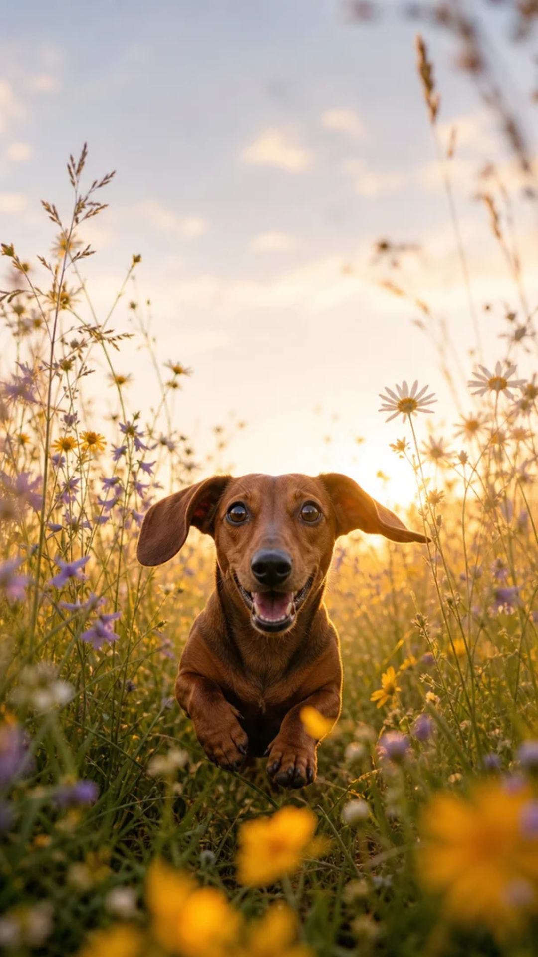 Dachshund iPhone wallpaper running through a golden wildflower meadow