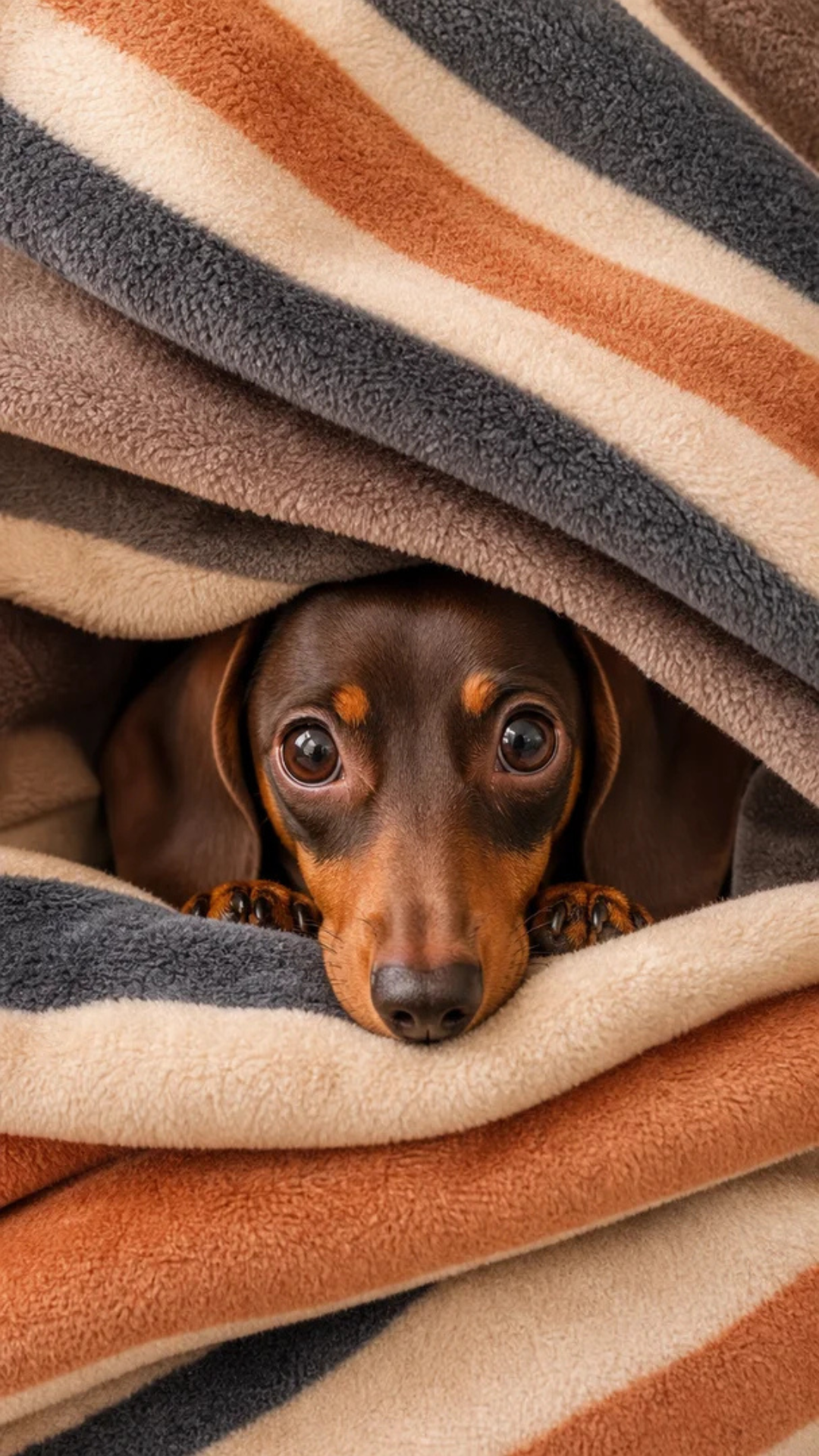 Cute Dachshund wallpaper peeking through cozy striped blankets