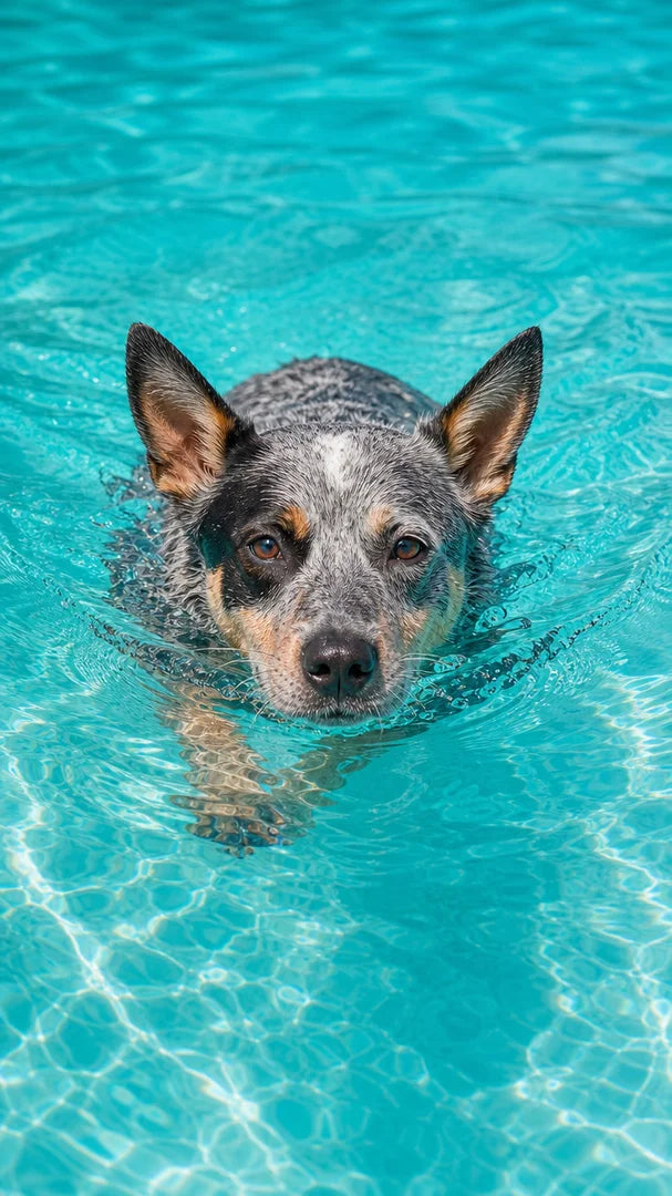 Australian Cattle Dog wallpaper swimming through bright turquoise water