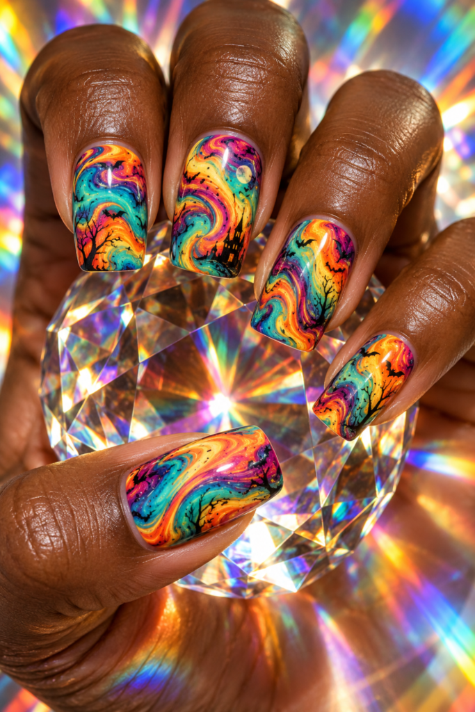 Rainbow Haunted Swirl Halloween Nails