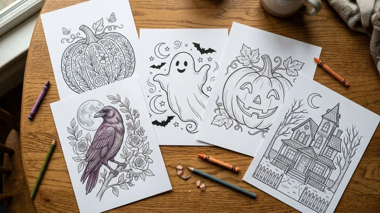 Seasonal colouring-page artwork displayed with creative craft materials.