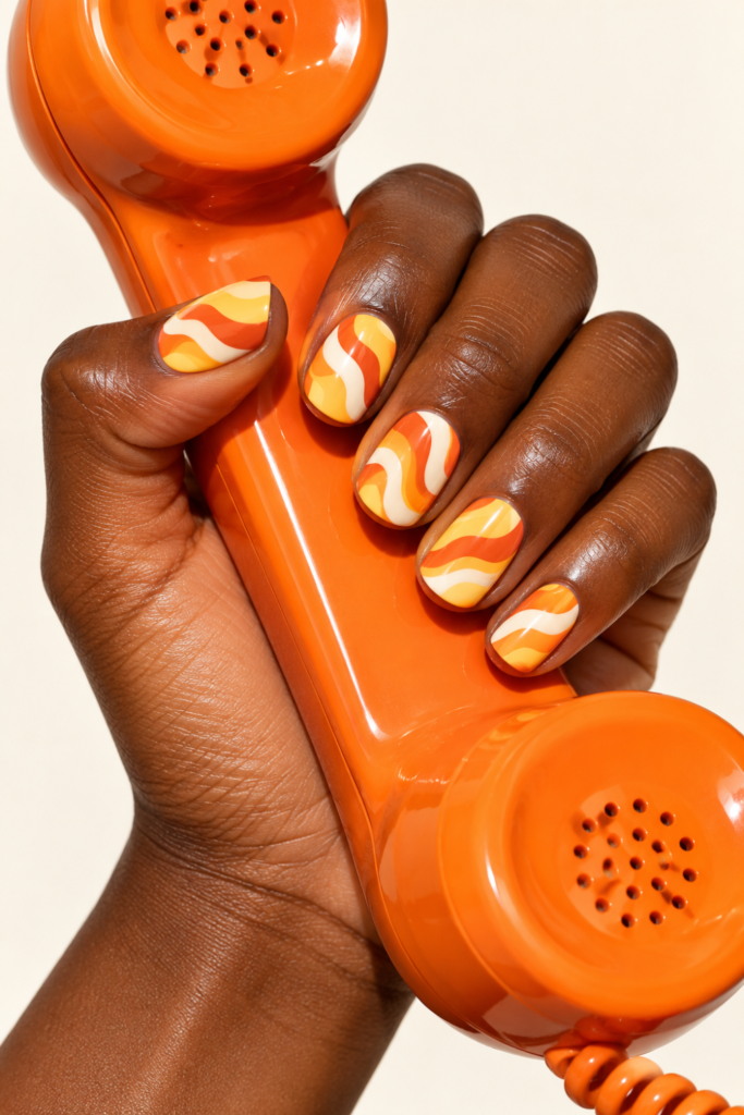 Retro Orange Wave Fall Halloween Nails
