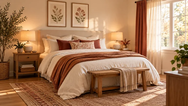 Affordable bedroom decor ideas with layered bedding, warm lamps and simple framed art