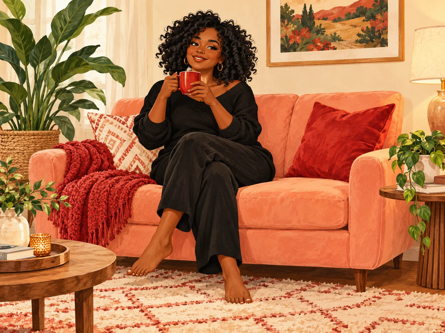 Illustration of Anni Kerri smiling with a red mug on a peach sofa