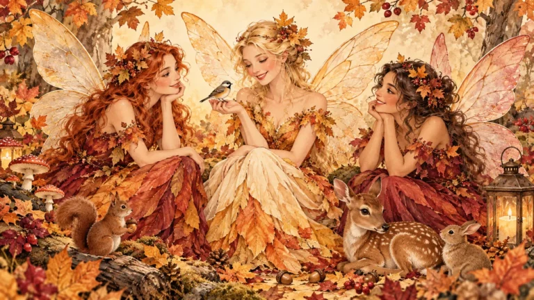 Autumn fairies art graphic designs with golden leaves, woodland mushrooms and delicate wings