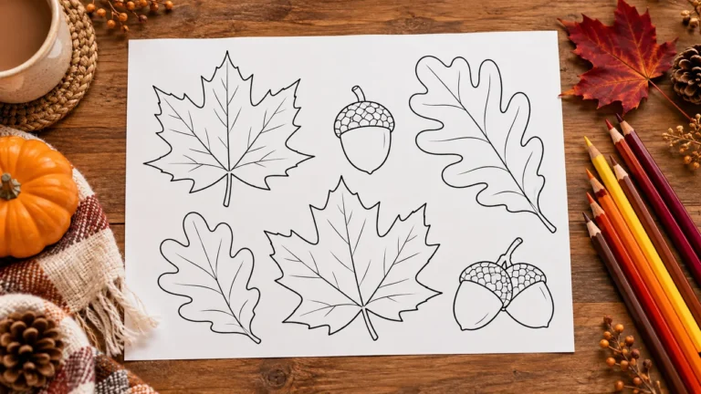 Autumn leaf colouring page illustration with maple and oak outlines and coloured pencils
