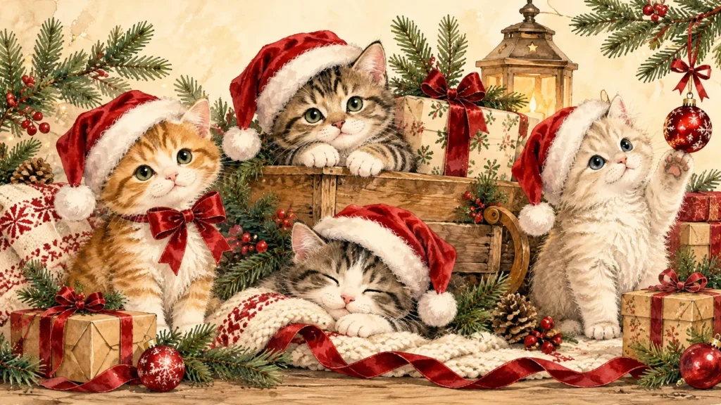 Whimsical Christmas kitty clipart with Santa hats, gifts and festive greenery
