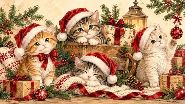 Whimsical Christmas kitty clipart with Santa hats, gifts and festive greenery