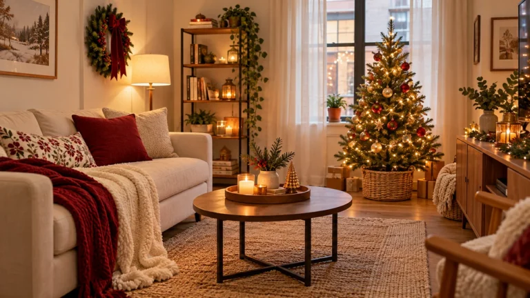 Christmas decorating ideas for small apartments with a compact tree, wall wreath and cream sofa