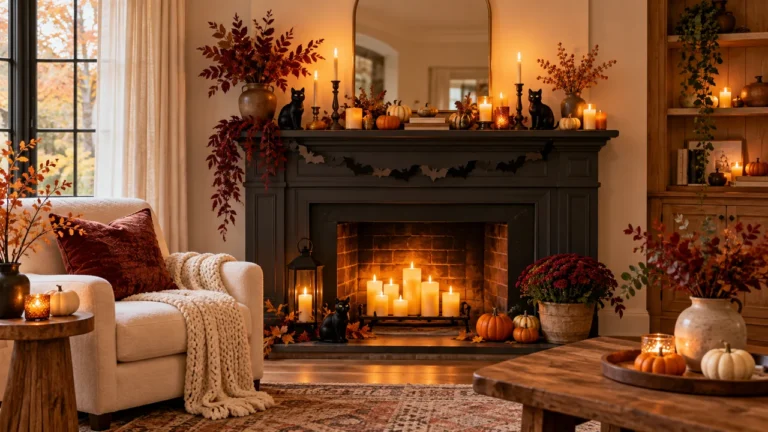 Cozy Halloween decor ideas with black cat ornaments, tiny pumpkins and warm candles