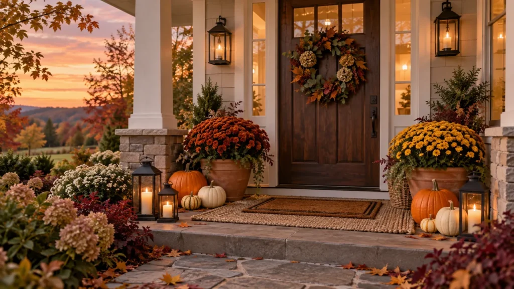 Fall porch decor ideas with pumpkins, mums, a layered doormat and warm lanterns