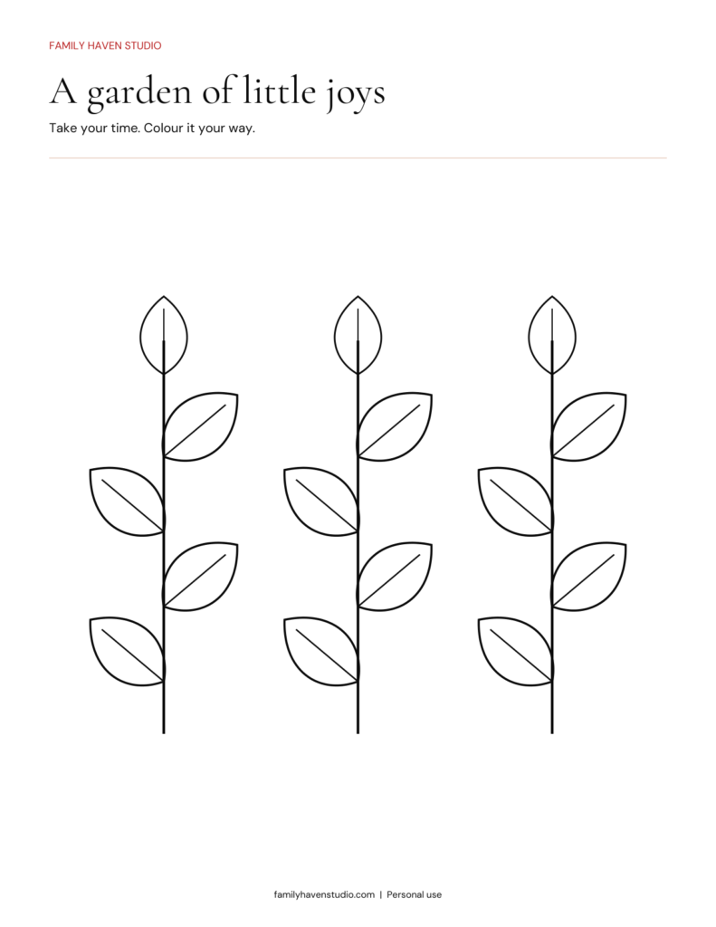 Botanical garden colouring page with three black outline stems.
