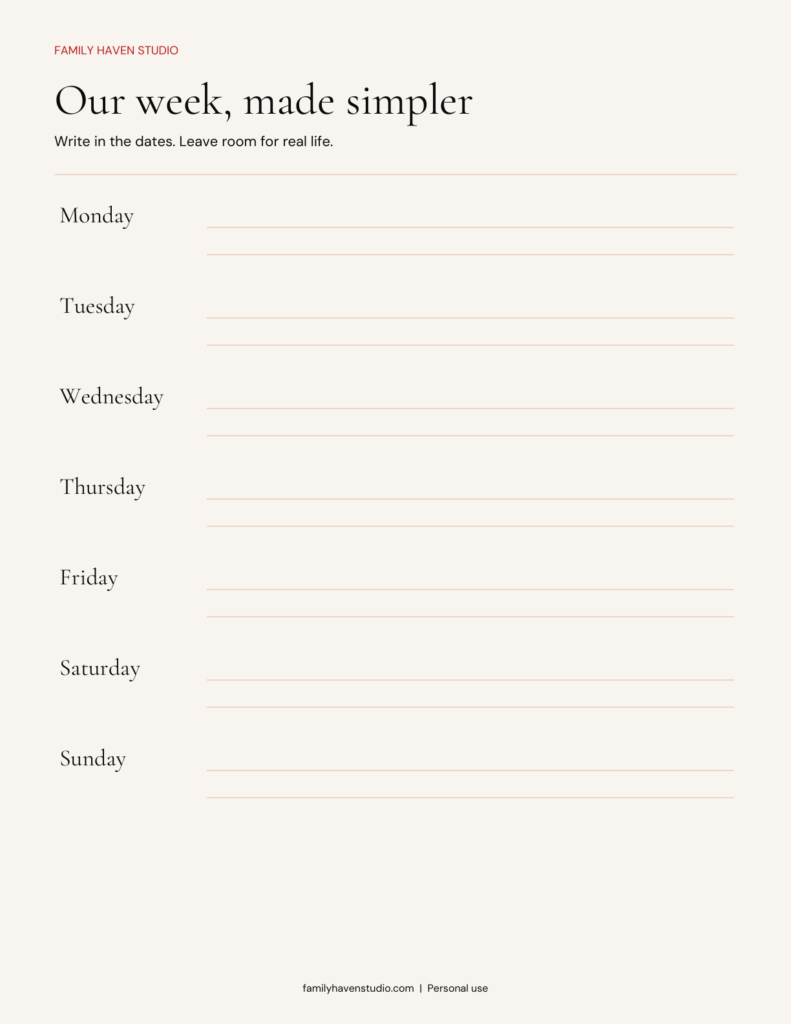 Undated weekly family planner with writing lines for Monday through Sunday.
