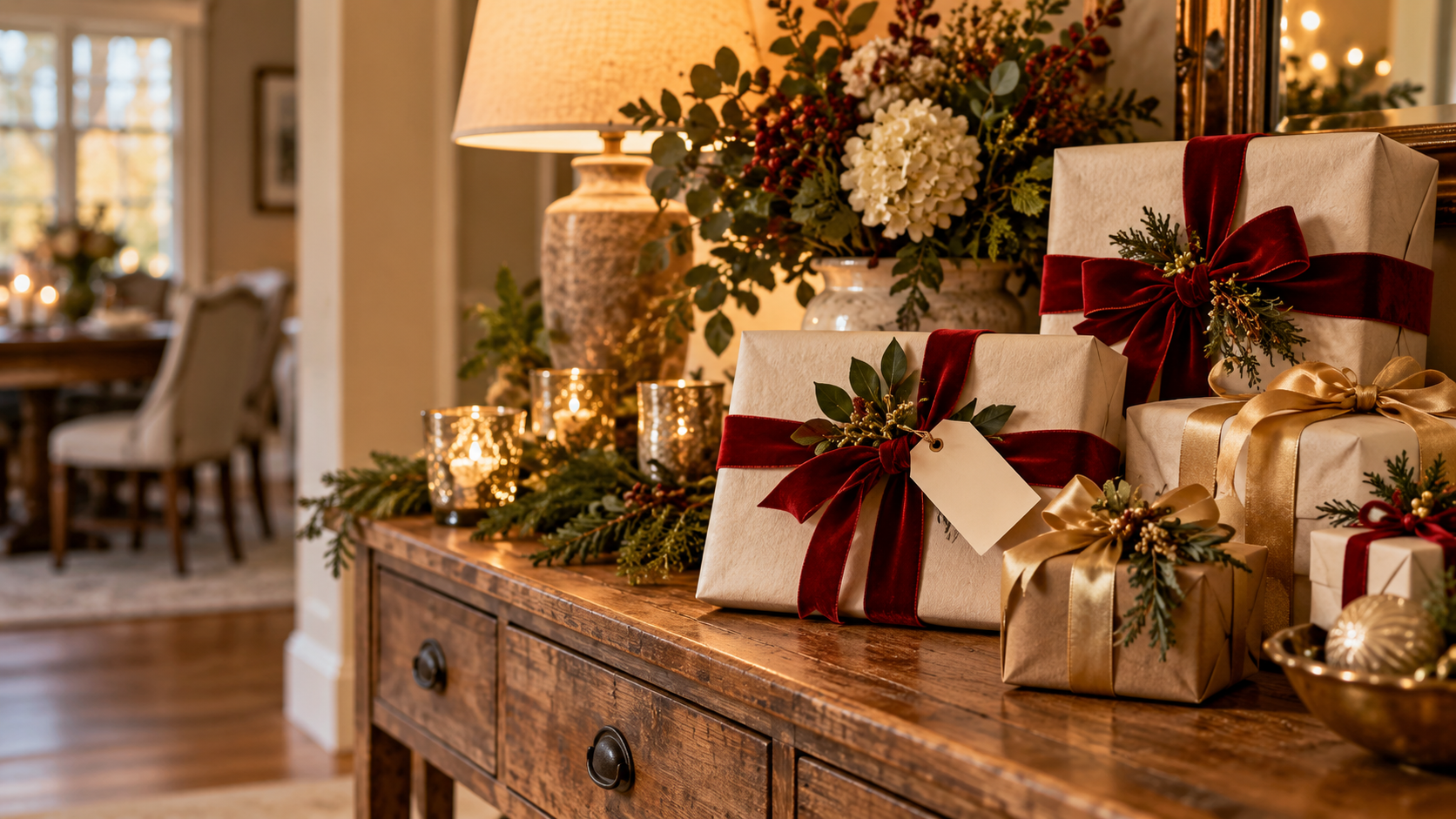Thoughtfully wrapped gifts with red ribbons and flowers in a warm home.