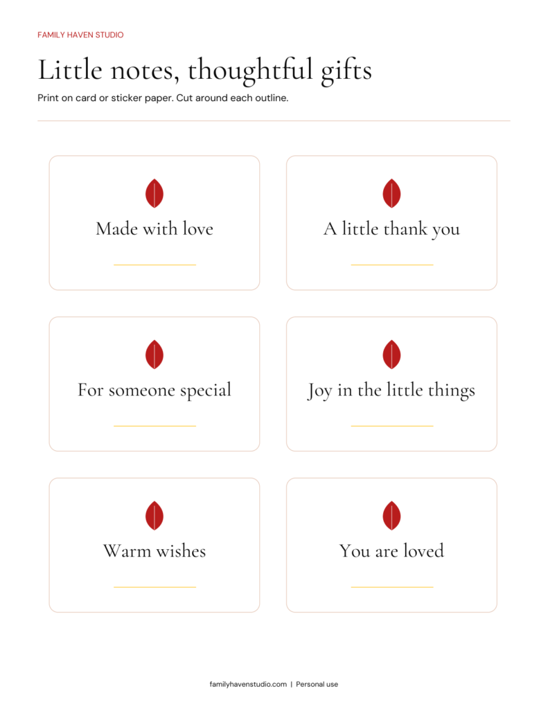 Six printable gift tags with red botanical motifs and thoughtful messages.