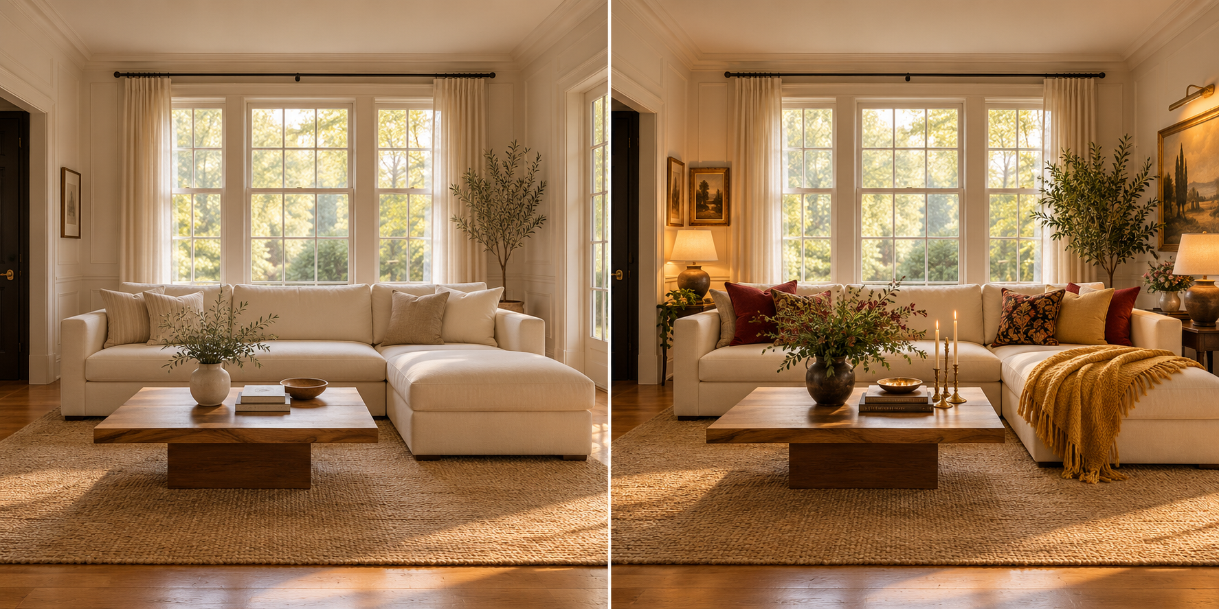 Illustrative comparison of one cream-sofa living room before and after warm red and yellow styling.