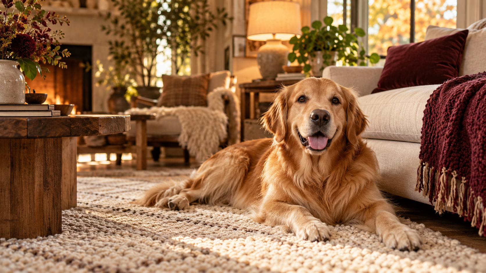 Golden retriever relaxing beside a sofa in a warm family living room.