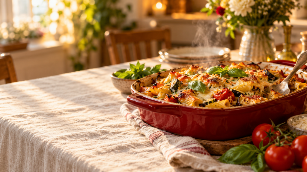 A family-style pasta dish with colourful vegetables and herbs.