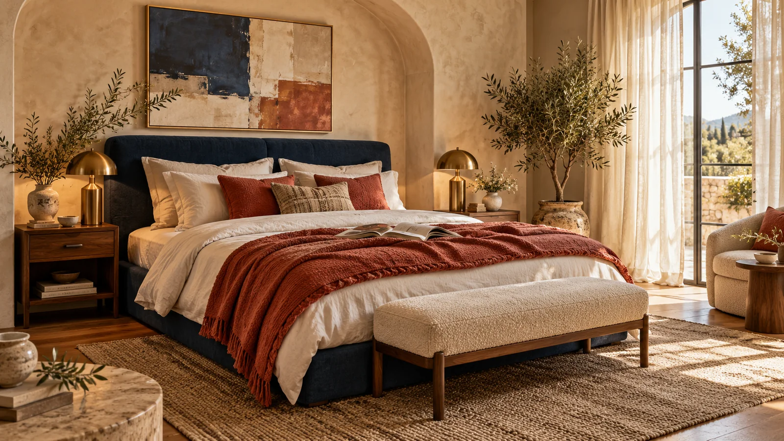Cozy bedroom with layered bedding and warm lighting.