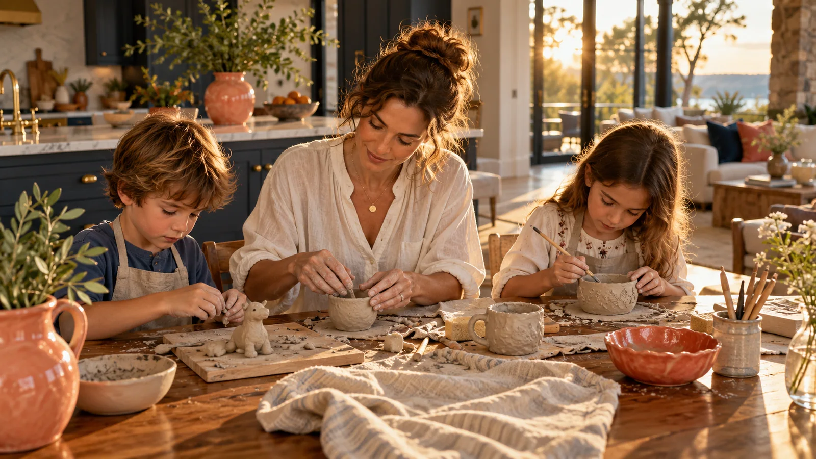 Mother and daughter making a craft together at home.