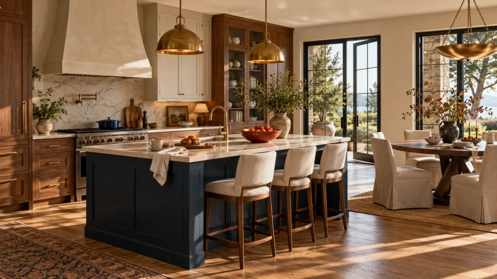 Warm kitchen with a dark island, pendant lighting, cream cabinetry and plants.
