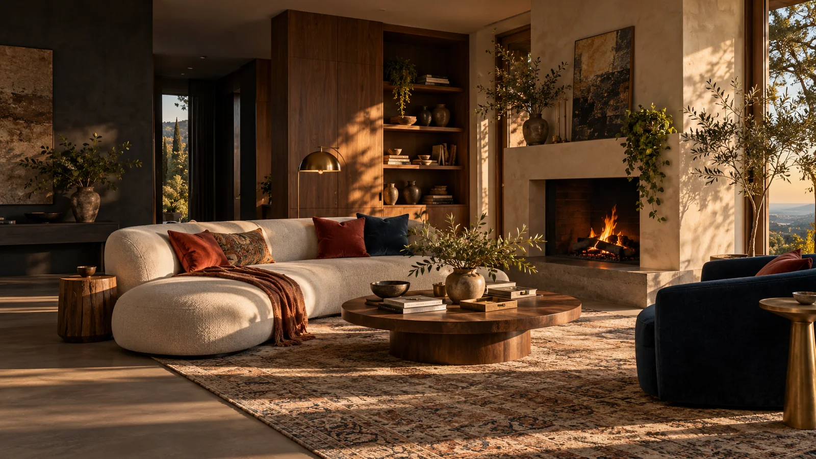 Warm living room with curved cream seating, a fireplace and soft evening lighting.