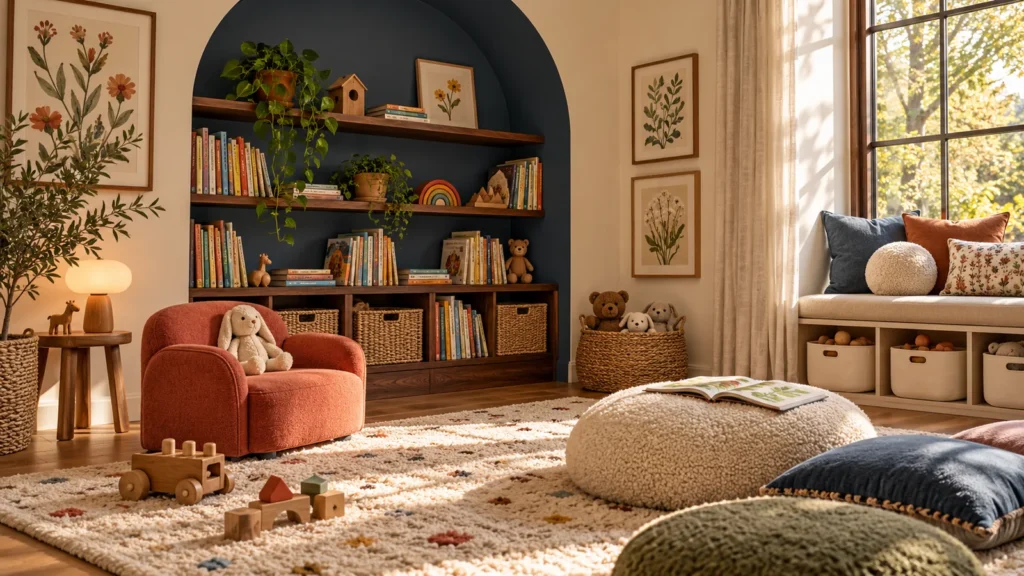 Softly lit nursery with a white cot, curtains and warm decorative details.