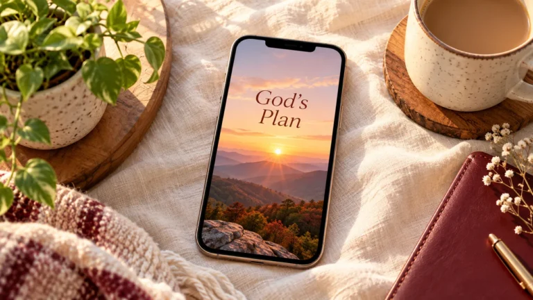 God’s Plan wallpaper concept with a phone displaying a quiet mountain sunrise