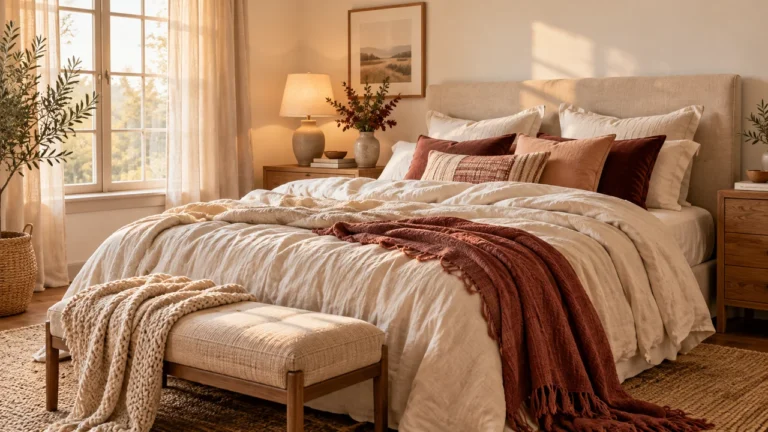 Neutral bedroom ideas with linen bedding, a cream headboard and oak furniture