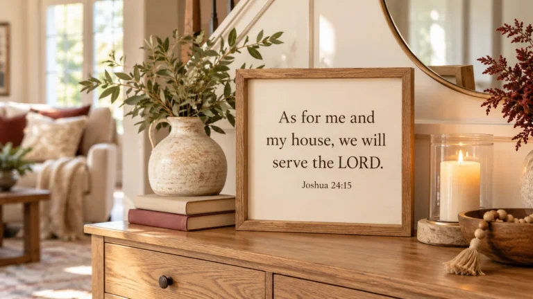 Printable family Bible verses wall art illustrated by Joshua 24:15 in an oak frame