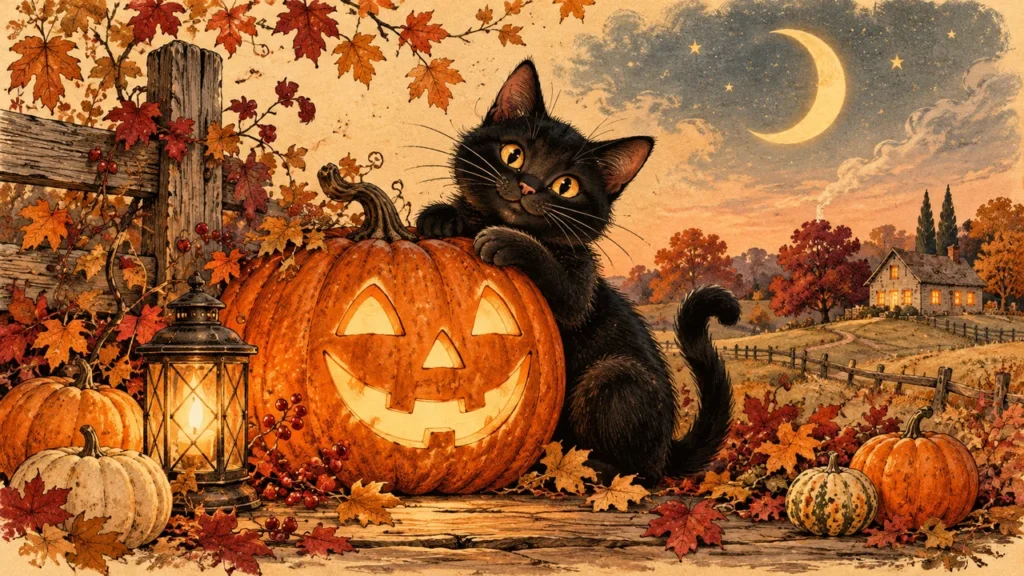 Retro vintage Halloween art illustration with a smiling pumpkin, black cat and autumn moon