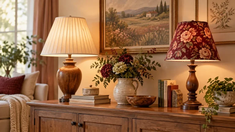 Statement lampshade ideas with a pleated cream shade and warm patterned shade