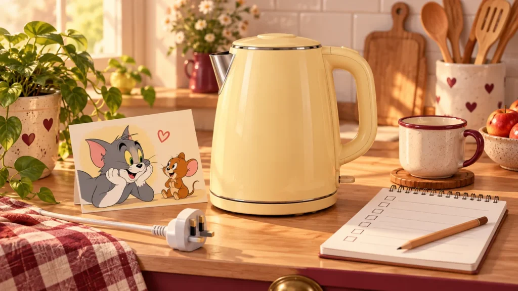 Tom and Jerry kettle buying-guide illustration with a plain kettle and cat-and-mouse artwork